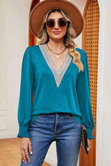 Lace Detail V-Neck Lantern Sleeve T-Shirt - Trendsi - Flyclothing LLC