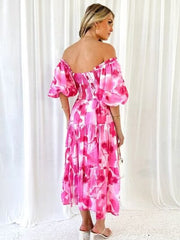 Printed Smocked Off-Shoulder Tiered Dress - Trendsi