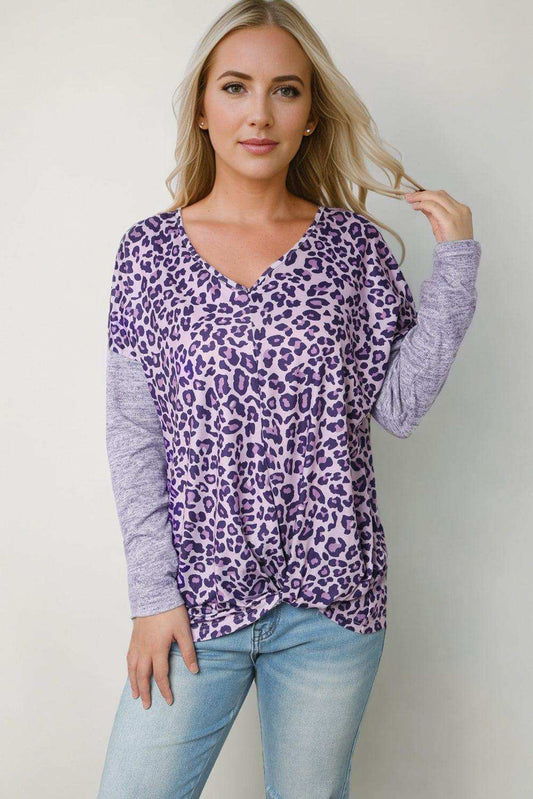 Leopard V-Neck Long Sleeve T-Shirt - Trendsi - Flyclothing LLC