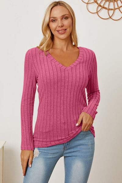 Basic Bae Full Size Ribbed V-Neck Long Sleeve T-Shirt - Trendsi - Flyclothing LLC