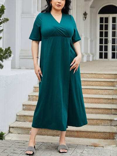 Plus Size Slit Surplice Short Sleeve Midi Dress - Trendsi - Flyclothing LLC