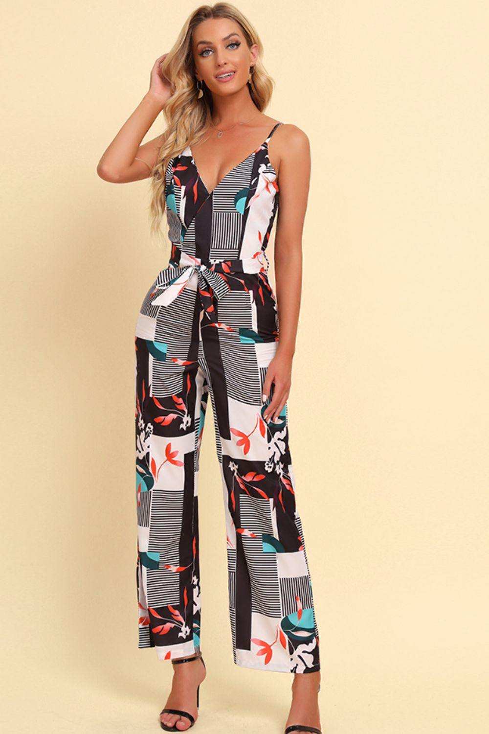 Printed Spaghetti Strap Tied Jumpsuit - Trendsi - Flyclothing LLC