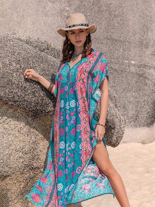 Printed Tie Neck Short Sleeve Dress - Trendsi - Flyclothing LLC
