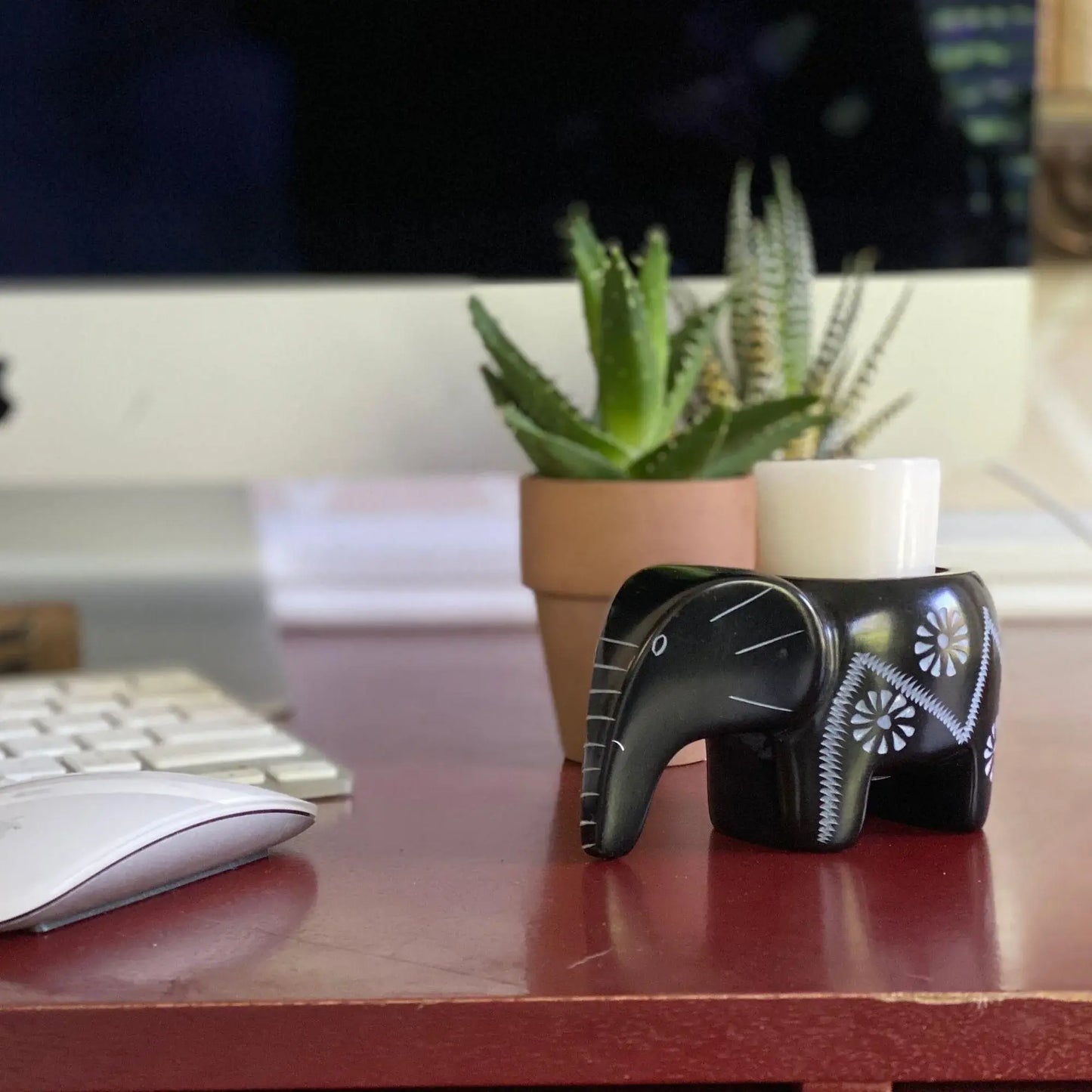 Elephant Soapstone Tea Light - Black Finish with Etch Design - SMOLArt - Flyclothing LLC