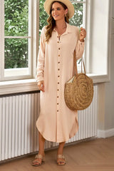 Button Front Textured Slit Shirt Dress - Trendsi - Flyclothing LLC