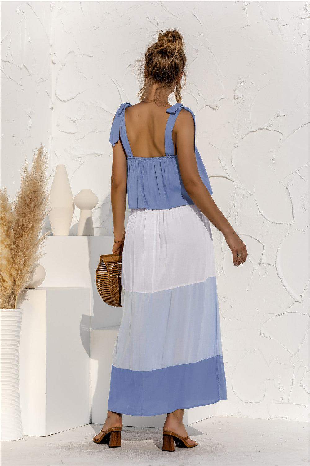 Color Block Tie Shoulder Tiered Sleeveless Dress - Trendsi - Flyclothing LLC
