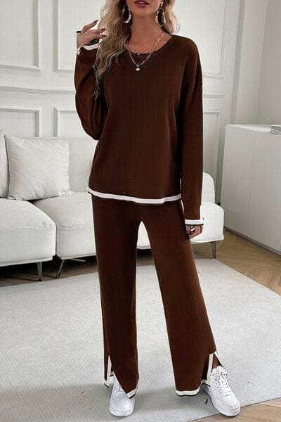 Contrast Trim Round Neck Top and Pants Set - Trendsi - Flyclothing LLC