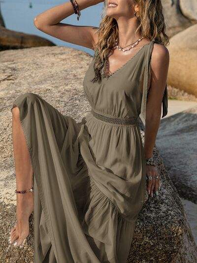V-Neck Tie Shoulder Crochet Maxi Dress - Trendsi - Flyclothing LLC