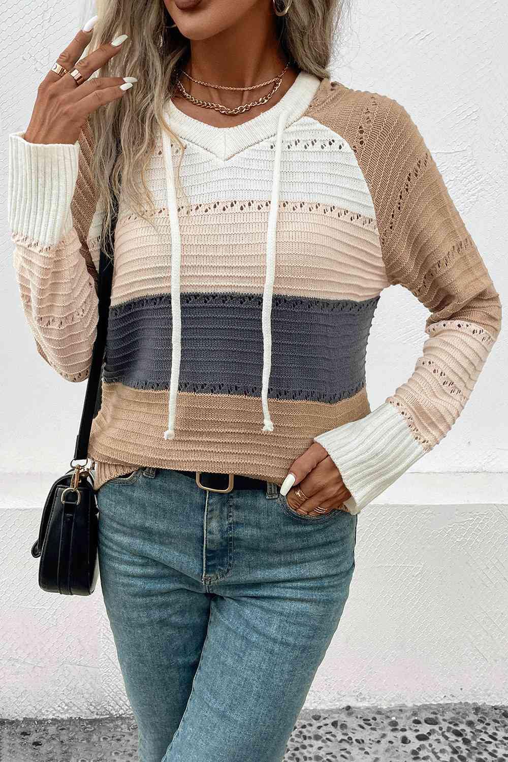 Color Block Drawstring Hooded Sweater - Trendsi