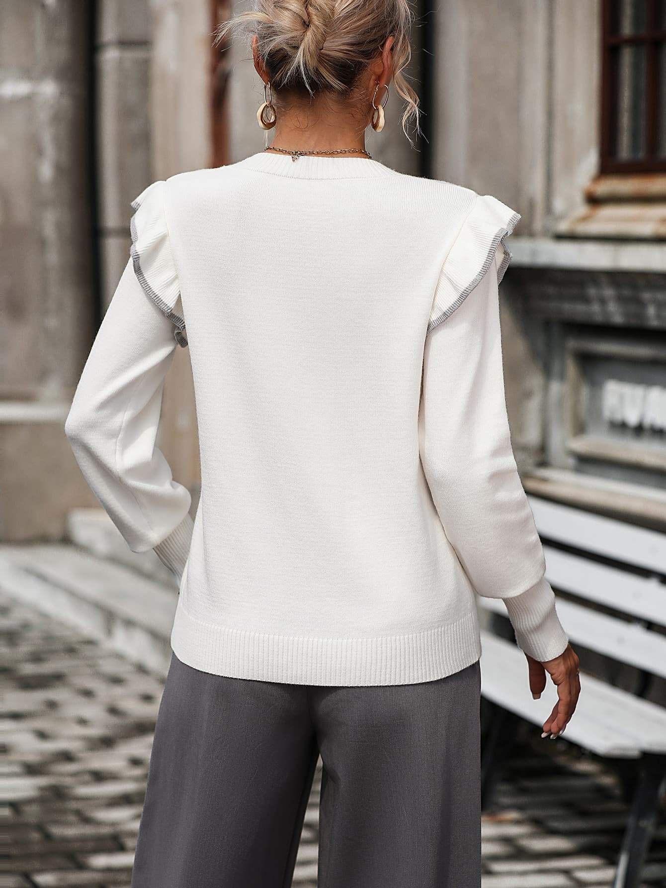 Round Neck Ruffle Trim Long Sleeve Pullover Sweater - Trendsi - Flyclothing LLC
