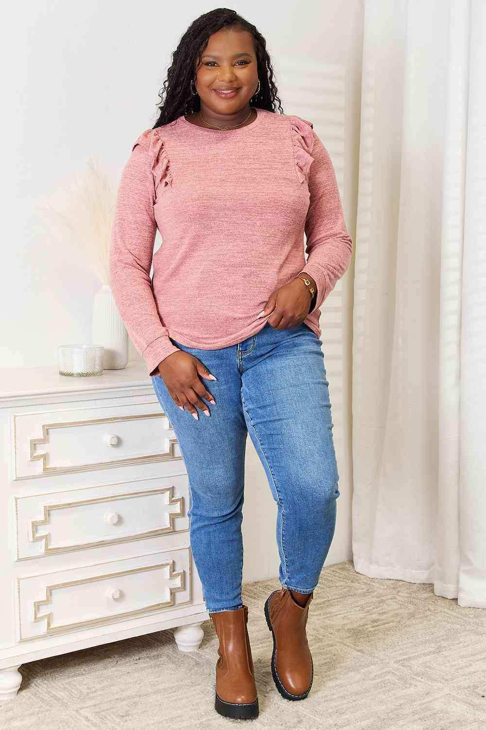 Double Take Ruffle Shoulder Long Sleeve T-Shirt - Trendsi - Flyclothing LLC