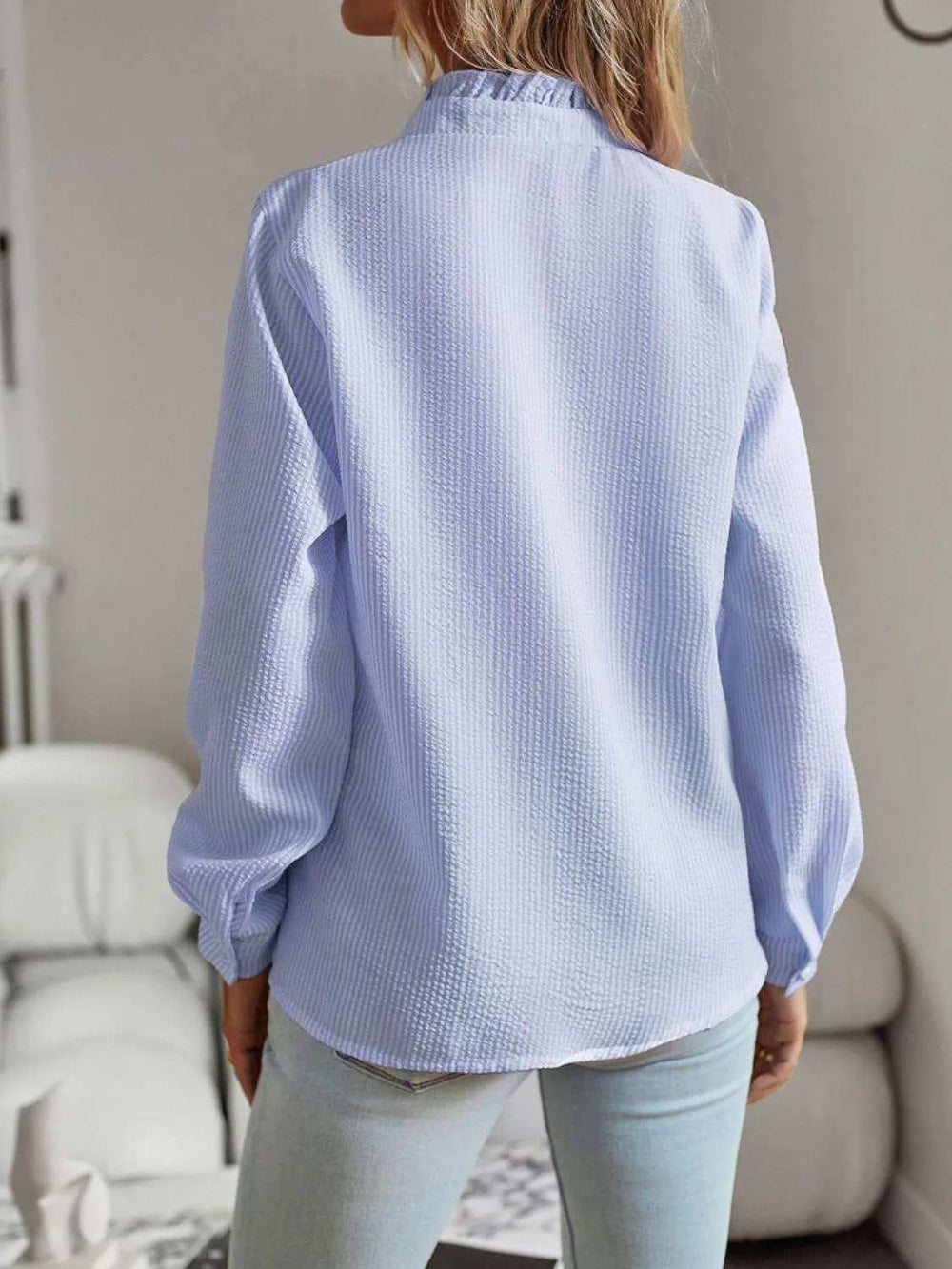 Ruffle Trim Long Sleeve Shirt - Trendsi - Flyclothing LLC