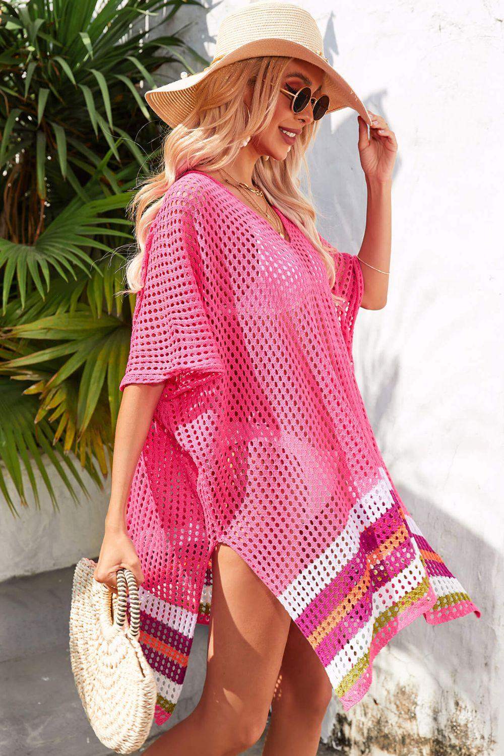Rainbow Stripe Openwork Slit Cover-Up - Trendsi - Flyclothing LLC