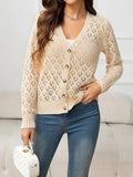 Openwork V-Neck Buttoned Knit Top - Trendsi