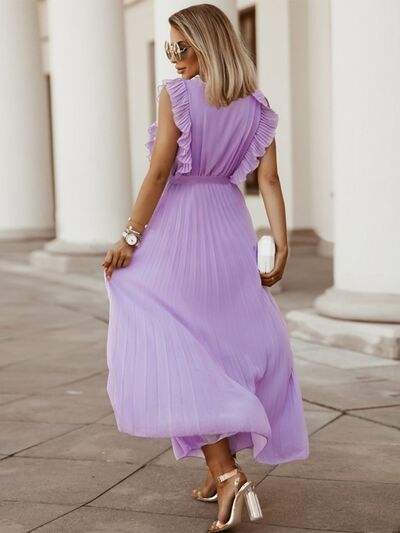 Tied Surplice Cap Sleeve Pleated Dress - Trendsi - Flyclothing LLC