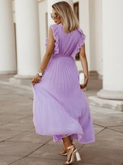 Tied Surplice Cap Sleeve Pleated Dress - Flyclothing LLC