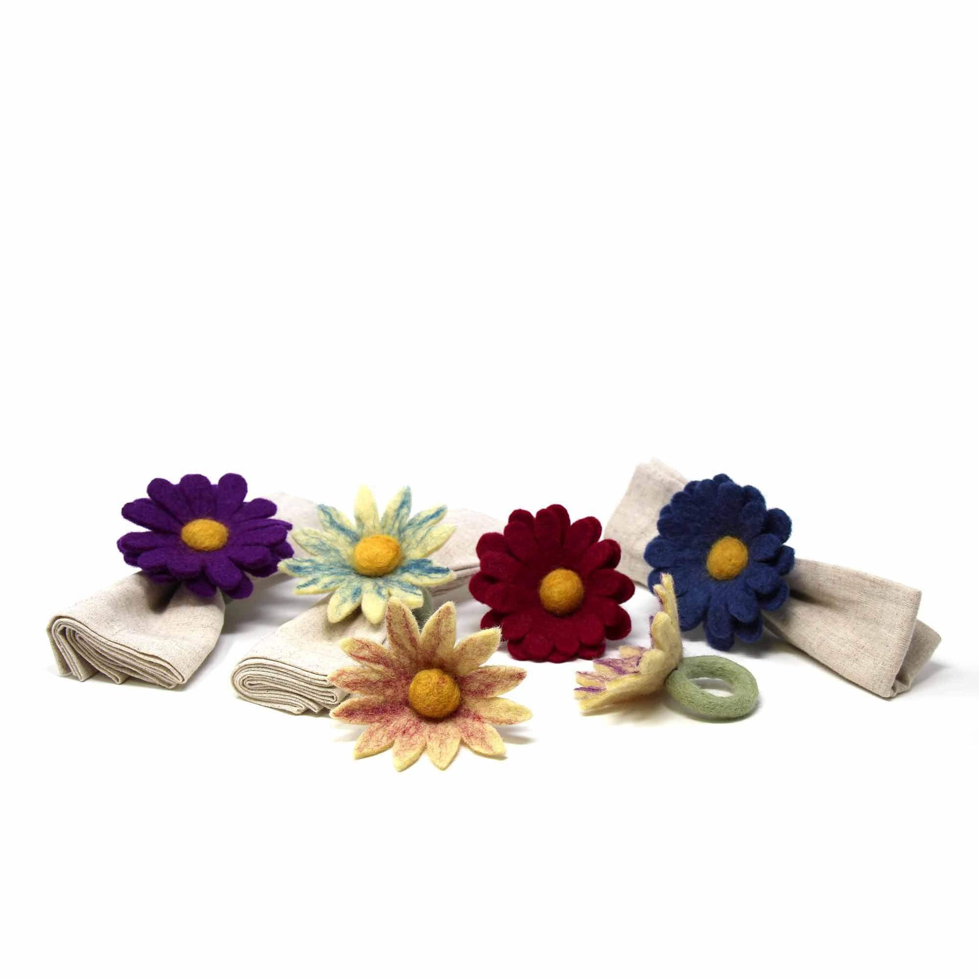 Hand Crafted Felt from Nepal: Set of 6 Napkin Rings, Assorted Daisies for Fall - Drop Shipping By Global Crafts - Flyclothing LLC