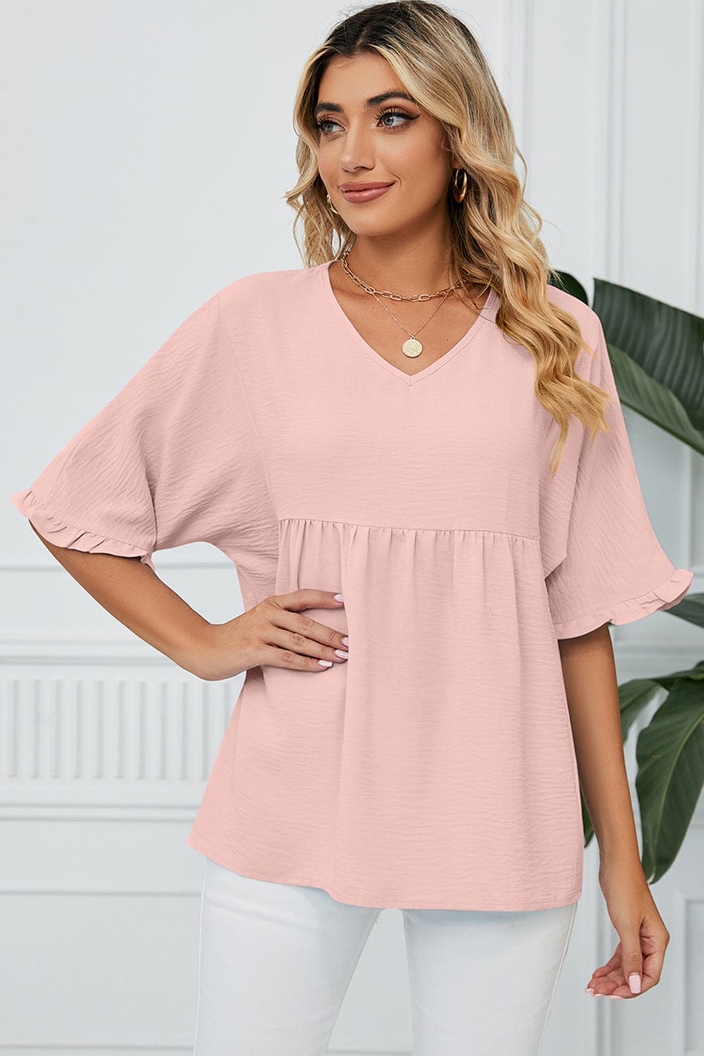 Peplum V-Neck Half Sleeve T-Shirt - Trendsi