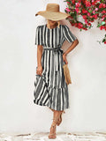 Striped Tie Belt Round Neck Puff Sleeve Dress - Trendsi - Flyclothing LLC
