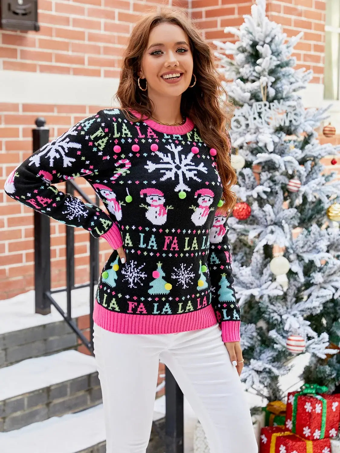 Christmas Ribbed Trim Sweater - Trendsi - Flyclothing LLC