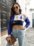 Geometric Round Neck Cropped Sweater - Trendsi - Flyclothing LLC