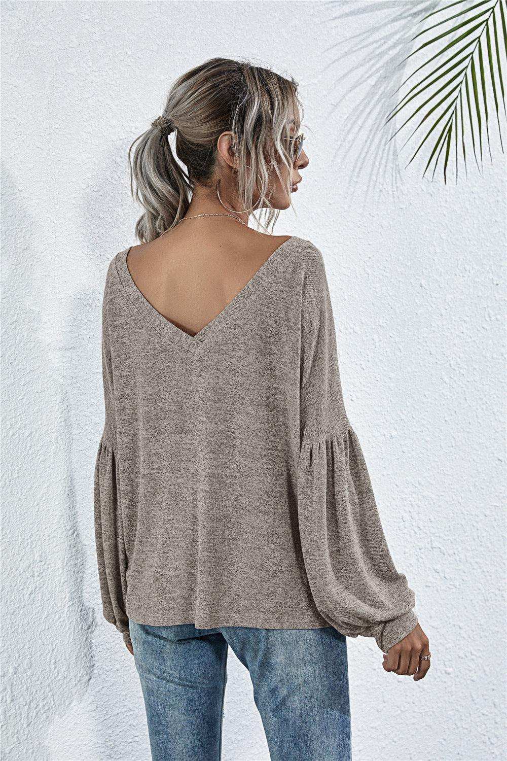 V-Neck Long Sleeve Dropped Shoulder Knit Top - Trendsi - Flyclothing LLC