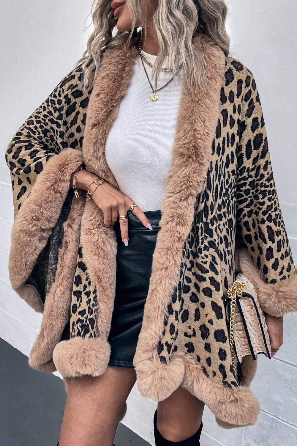 Leopard Open Front Poncho - Trendsi