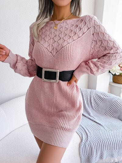 Openwork Boat Neck Sweater Dress - Trendsi