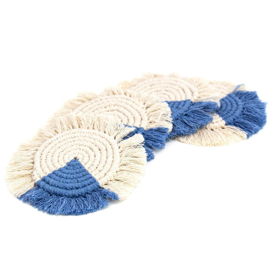 Macrame Coasters in Blues with fringe, Set of 4 - Flyclothing LLC