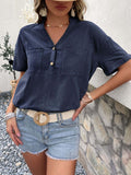Buttoned Notched Neck Cuffed Sleeve Blouse - Trendsi