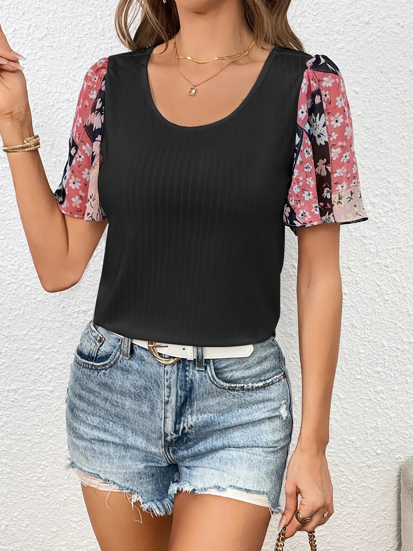 Printed Puff Sleeve Round Neck Tee - Trendsi - Flyclothing LLC