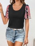Printed Puff Sleeve Round Neck Tee - Trendsi - Flyclothing LLC