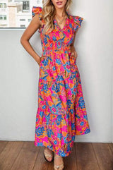 Printed V-Neck Cap Sleeve Pocketed Midi Dress - Trendsi - Flyclothing LLC