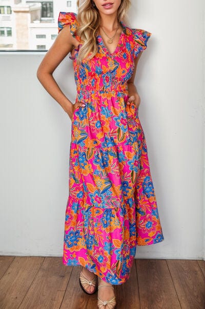 Printed V-Neck Cap Sleeve Pocketed Midi Dress - Trendsi
