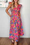 Printed V-Neck Cap Sleeve Pocketed Midi Dress - Trendsi