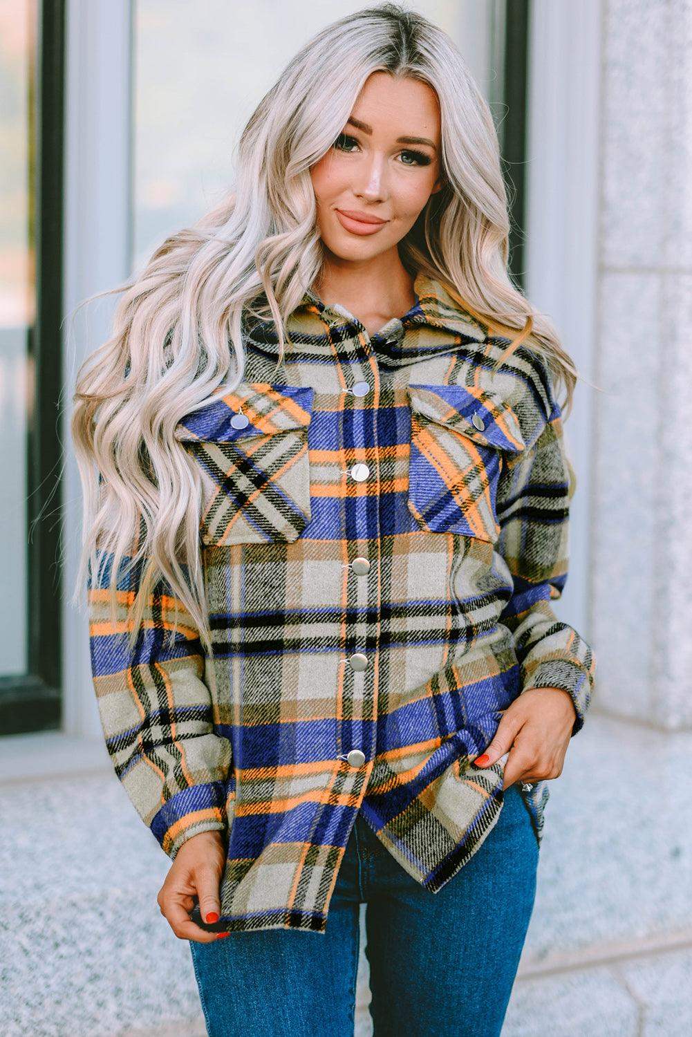 Plaid Pocketed Button Down Shacket - Trendsi - Flyclothing LLC