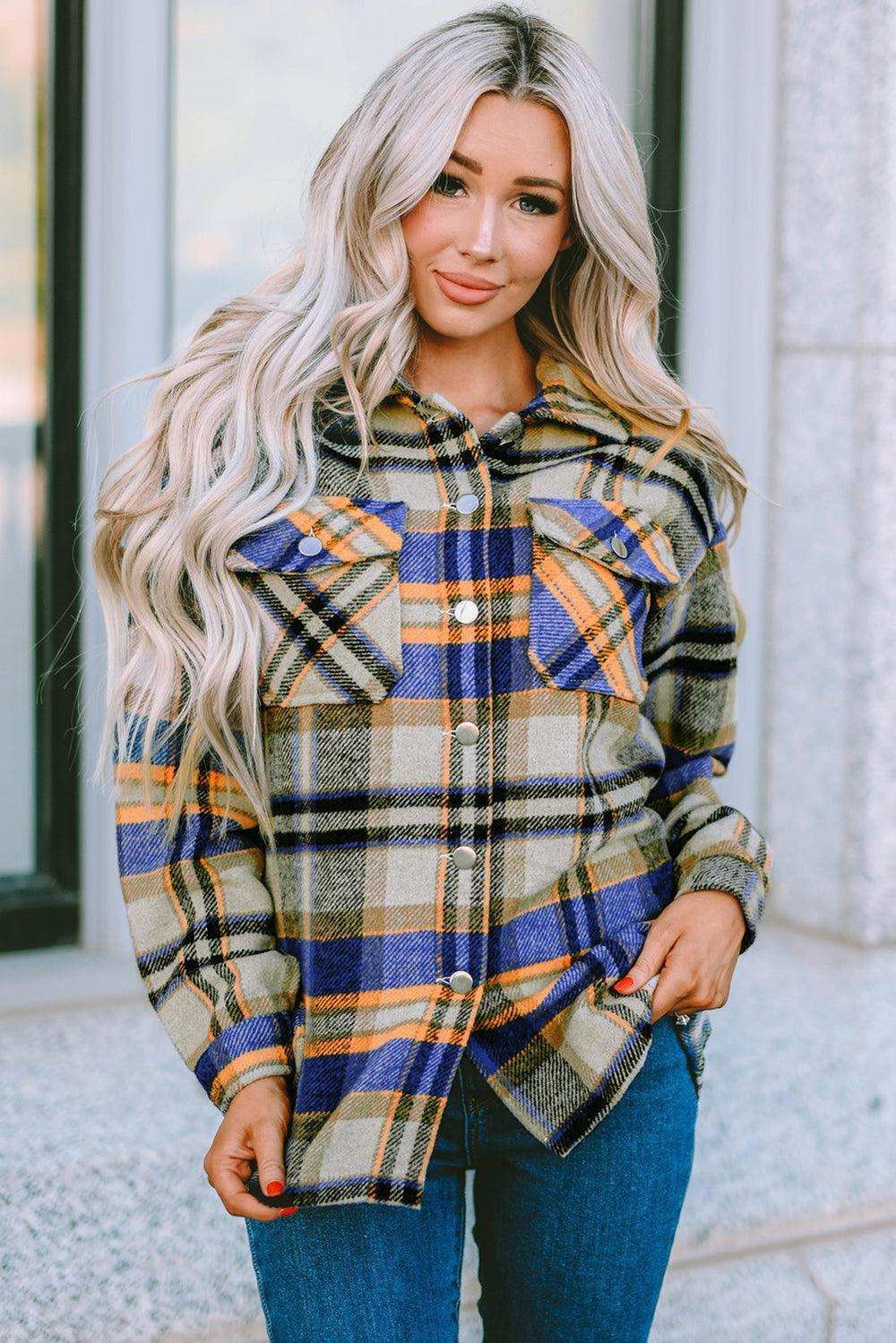 Plaid Pocketed Button Down Shacket - Trendsi - Flyclothing LLC