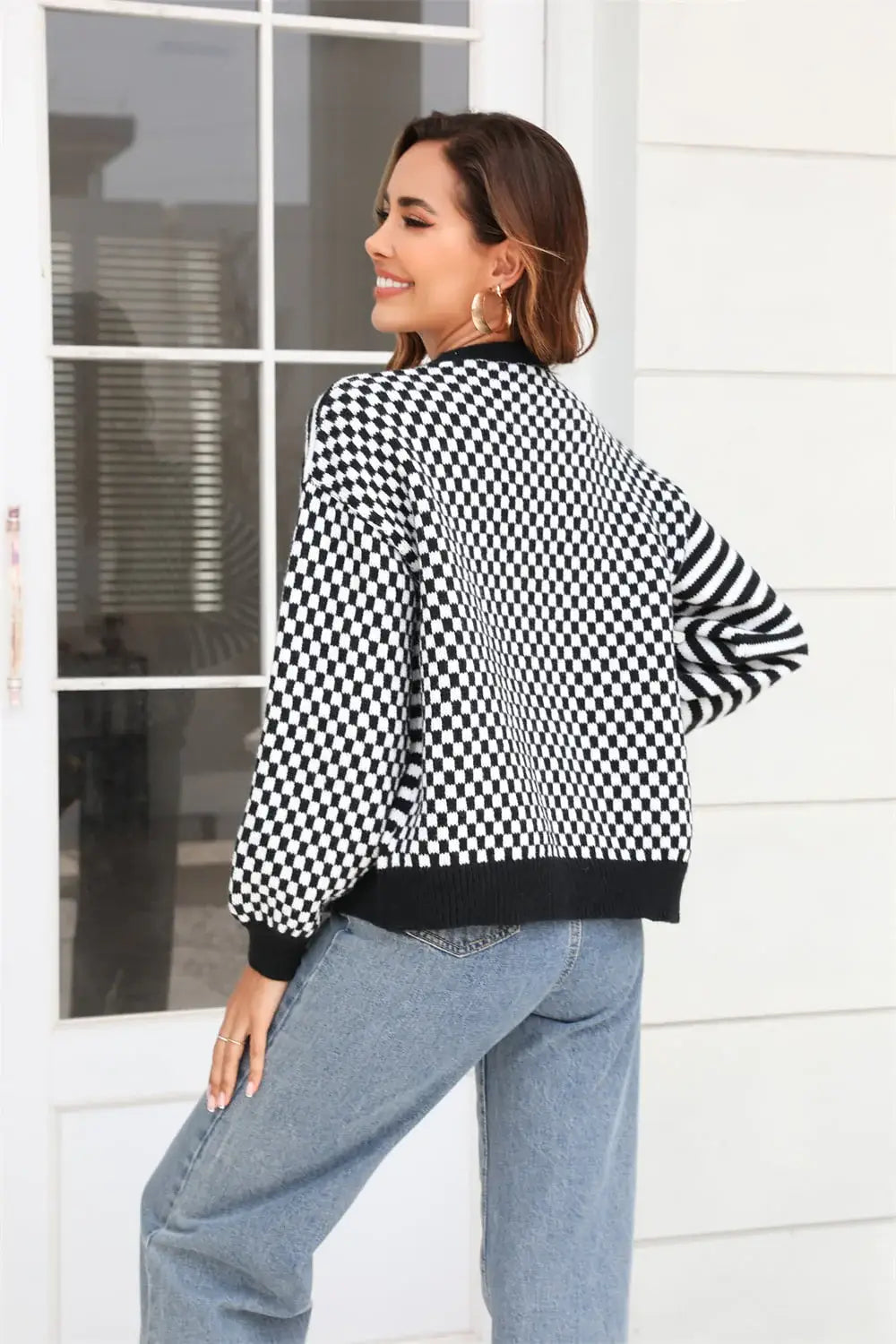 Button-Down Stripe & Plaid Contrast Pattern Cardigan - Trendsi - Flyclothing LLC