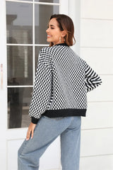 Button-Down Stripe & Plaid Contrast Pattern Cardigan - Trendsi - Flyclothing LLC