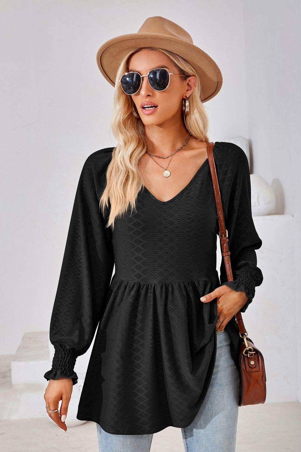 V-Neck Lantern Sleeve Blouse - Trendsi - Flyclothing LLC