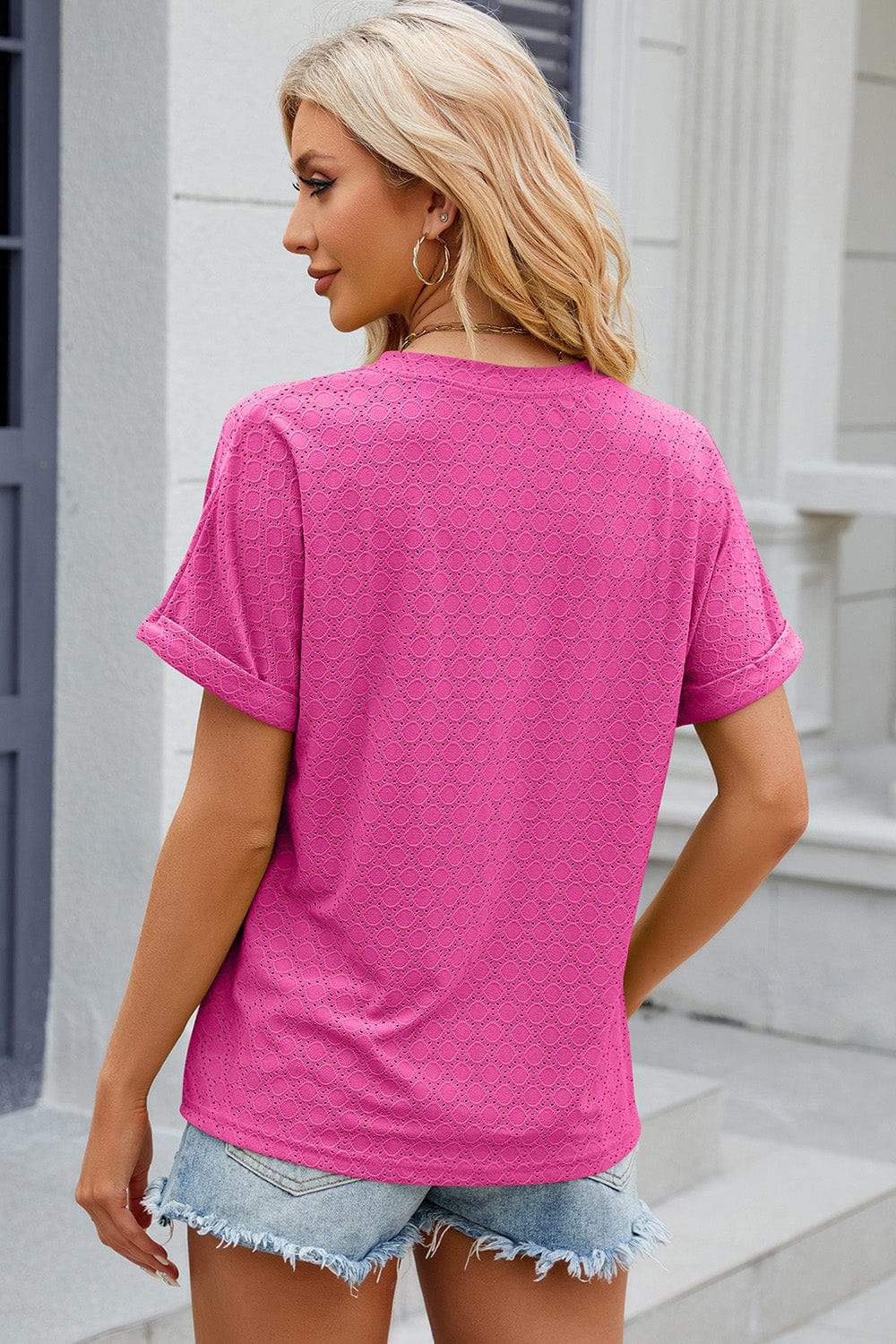 Eyelet Notched Short Sleeve T-Shirt - Trendsi - Flyclothing LLC
