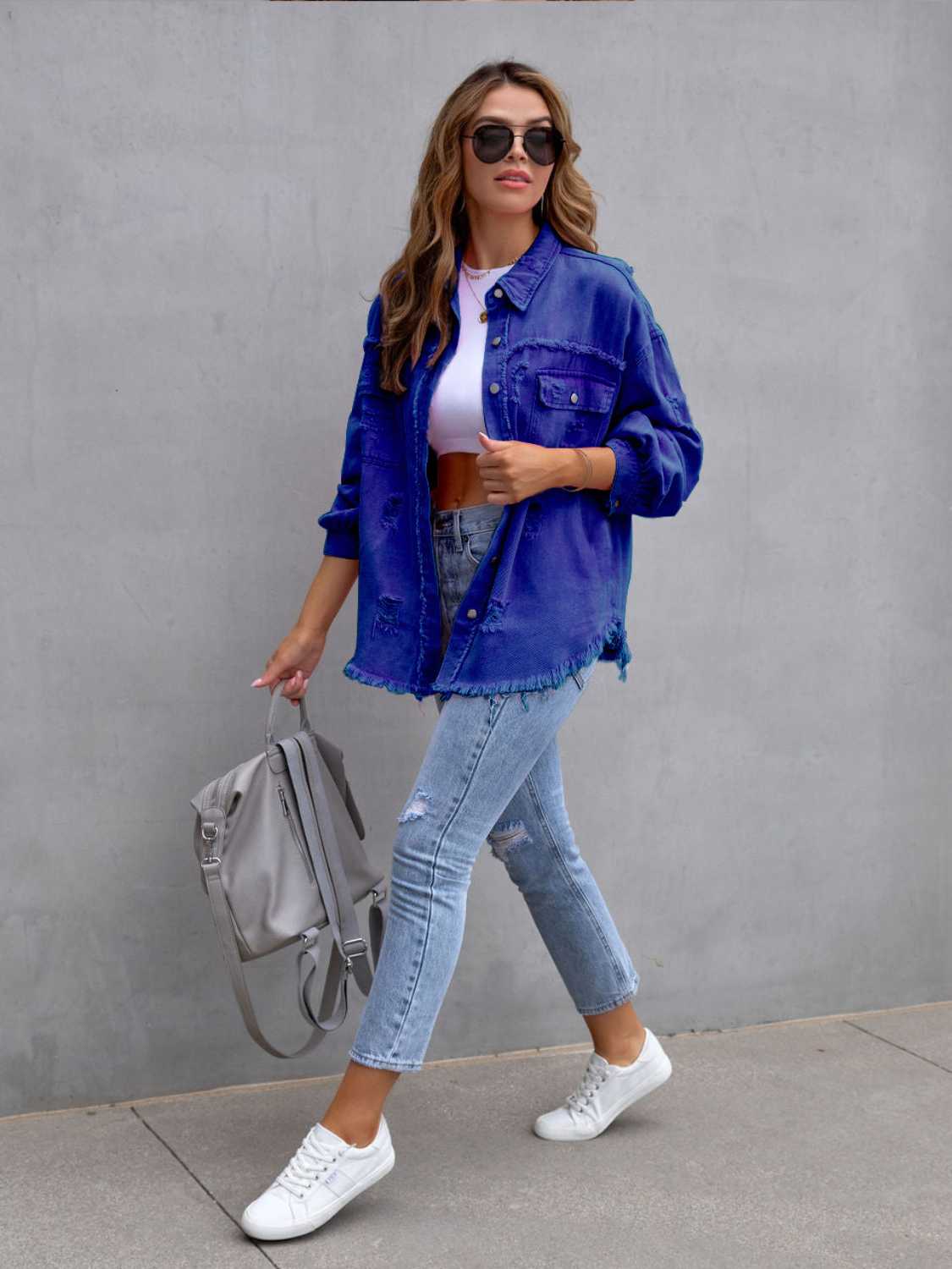Distressed Drop Shoulder Denim Jacket - Trendsi - Flyclothing LLC