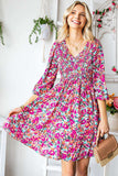 Floral Smocked V-Neck Flounce Sleeve Dress - Trendsi