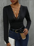 Lace Detail Plunge Long Sleeve Bodysuit - Trendsi