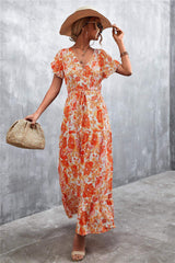 Floral Buttoned Drawstring Waist Tiered Dress - Trendsi - Flyclothing LLC