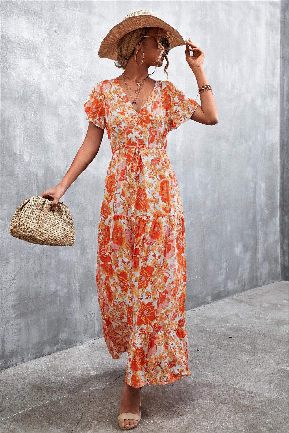 Floral Buttoned Drawstring Waist Tiered Dress - Trendsi - Flyclothing LLC