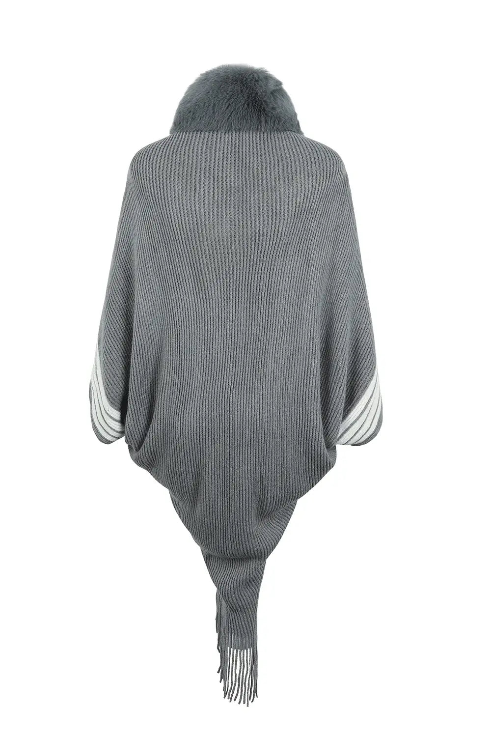 Striped Fringe Detail Long Sleeve Poncho - Trendsi - Flyclothing LLC