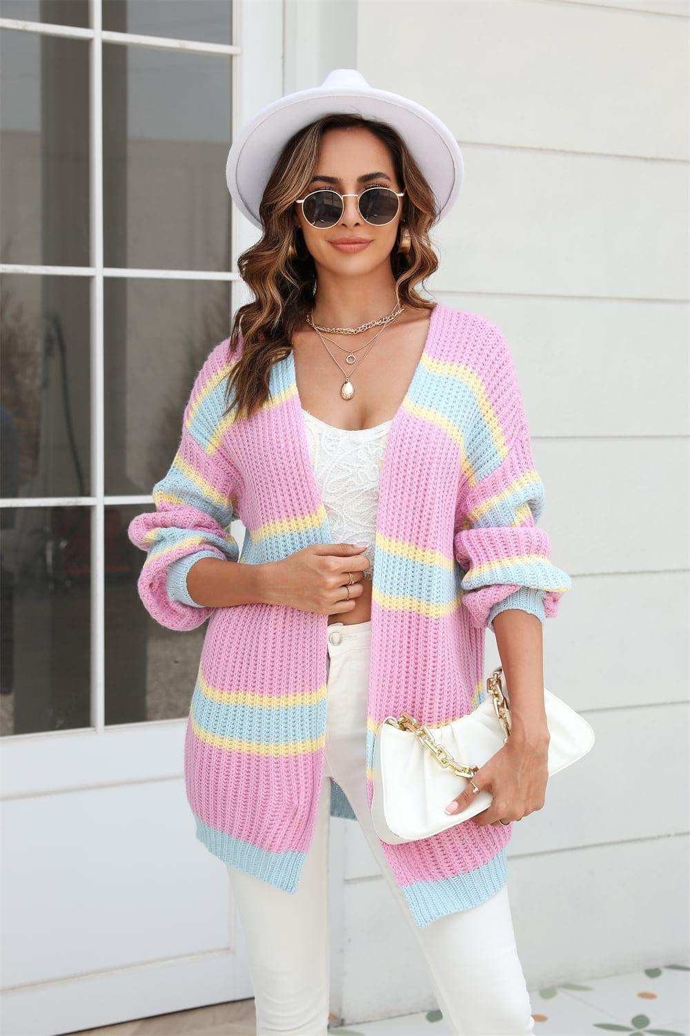 Color Block Ribbed Dropped Shoulder Open Front Cardigan - Trendsi - Flyclothing LLC