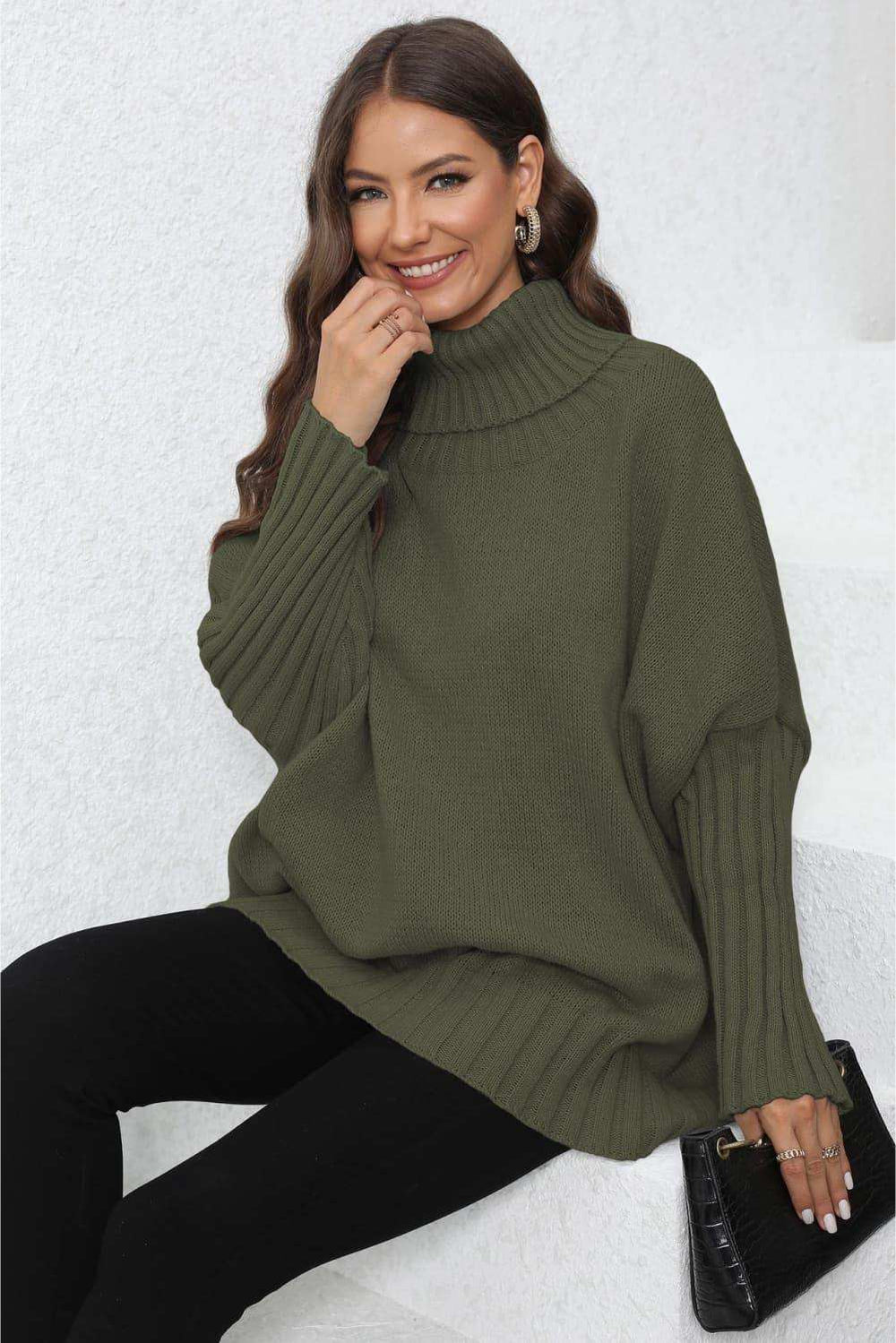 Turtle Neck Long Sleeve Ribbed Sweater - Trendsi - Flyclothing LLC