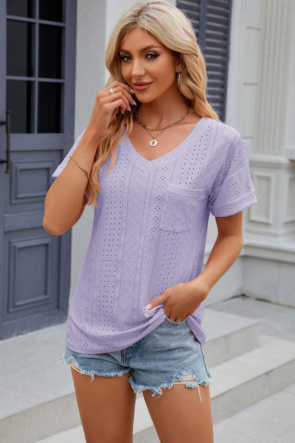 Eyelet V-Neck Short Sleeve T-Shirt - Trendsi - Flyclothing LLC